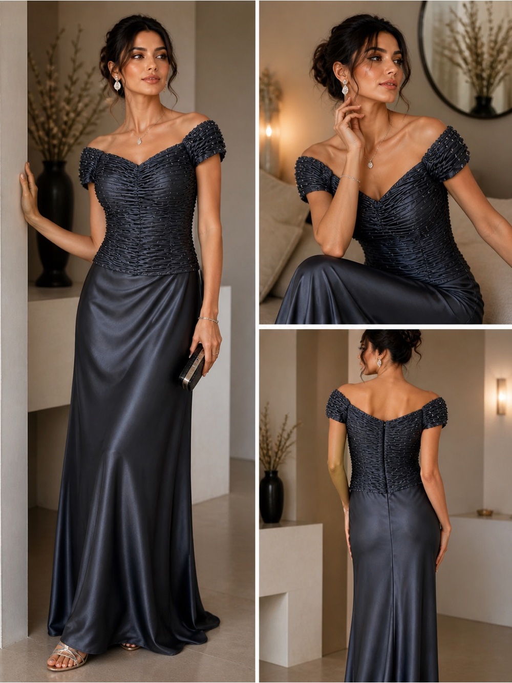 Montage by Mon Cheri Gray Satin Beaded Formal Gown Off Shoulder Maxi Dress